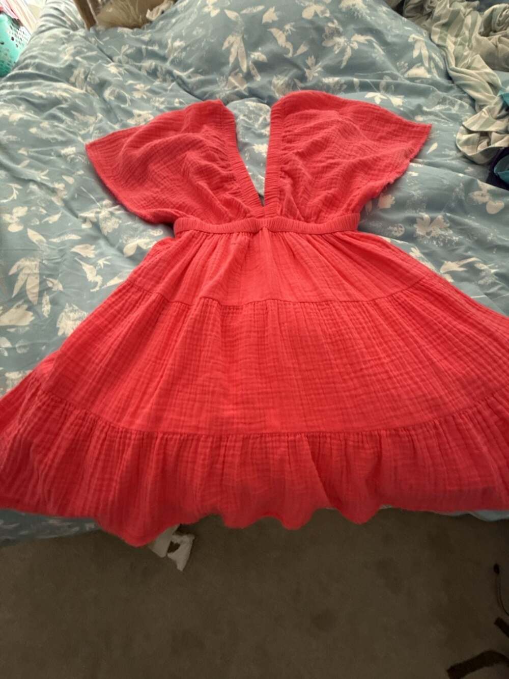 Aerie Flutter Sleeve Dress pink Gauze Mini V-Neck Smocked Waist